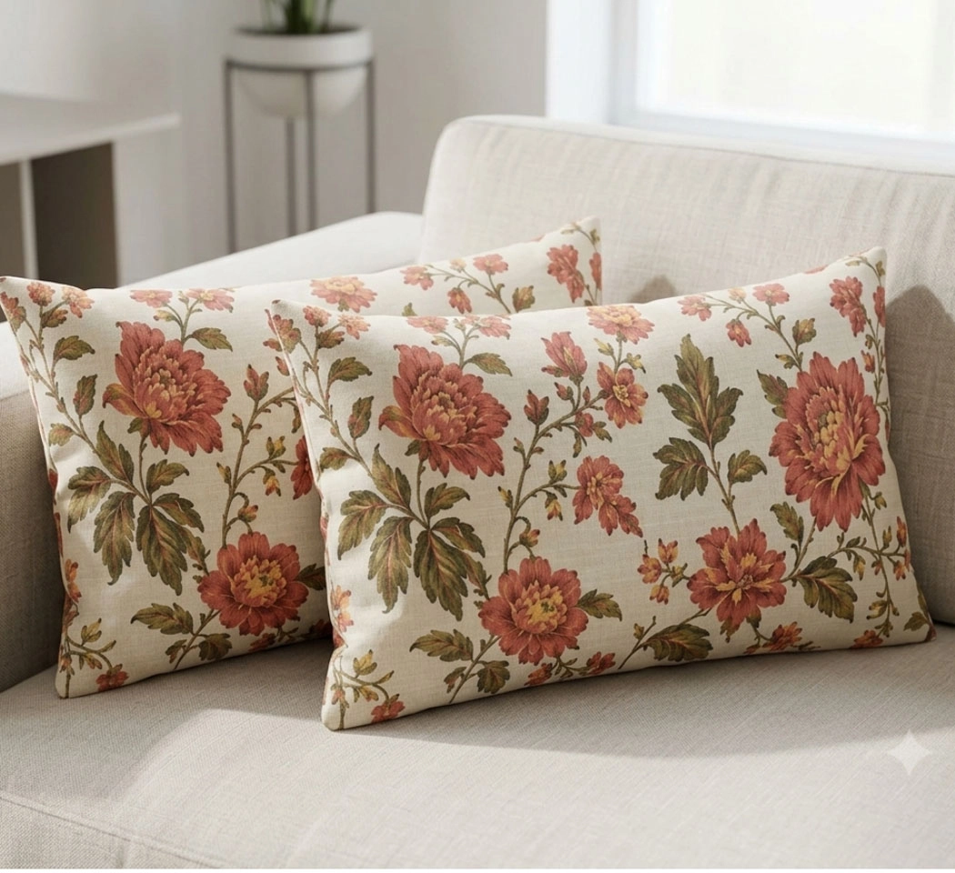 Vintage Floral Printed Lumbar Pillow Cover (12x20 Inch) - Premium Cotton Linen Decorative Cushion Cover for Couch & Bed Pack of 2